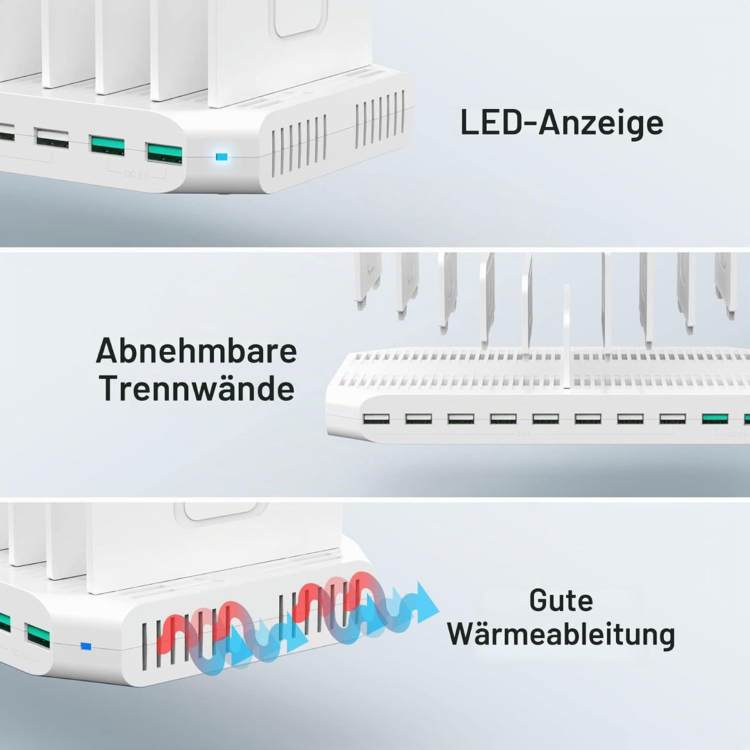 Unitek 96W 10 Ports USB Ladestation für mehrere Geräte mit 2*QC3.0 und Smart IC Organizer für Handys