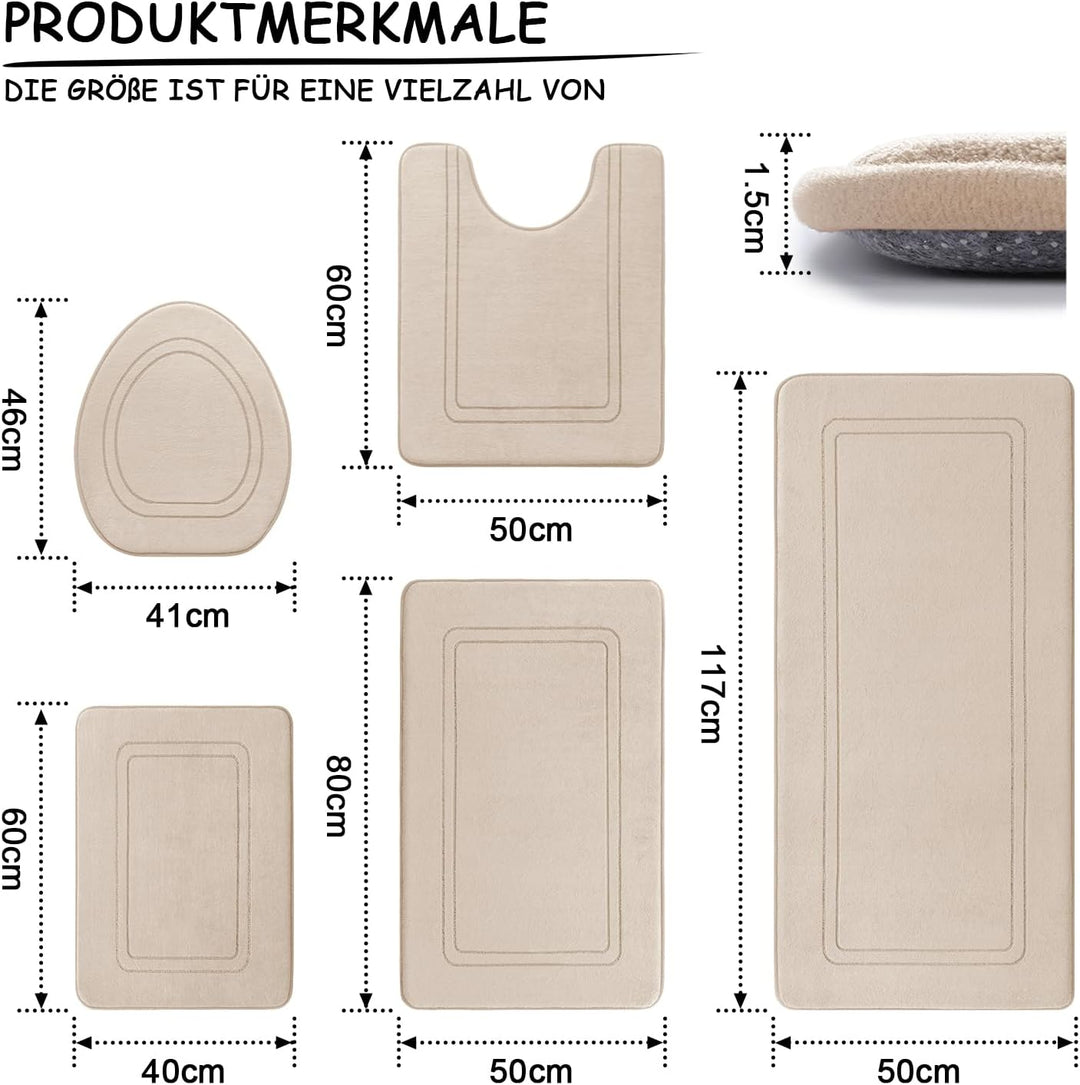 chakme Badezimmerteppich Set 5 Teilig, Weiche Memory-Schaum Badematte und U Förmige wc Vorleger, Bad