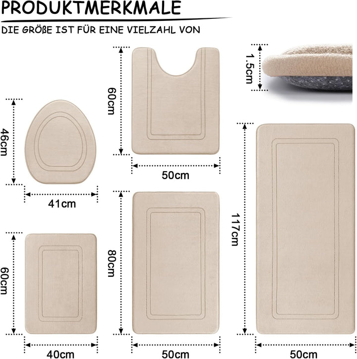 chakme Badezimmerteppich Set 5 Teilig, Weiche Memory-Schaum Badematte und U Förmige wc Vorleger, Bad