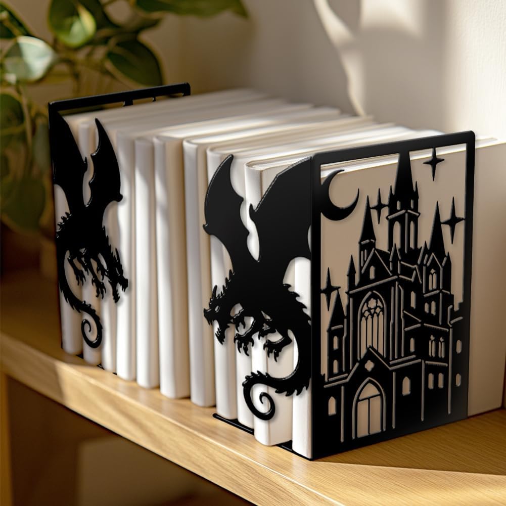 Peacoblue Buchstütze Dekorativ Modern Drache Mit Schloss Und Mond Metall Buchstützen für Schwere Büc