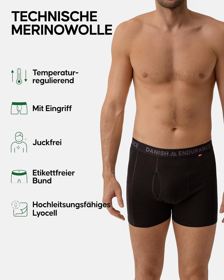 DANISH ENDURANCE Merino Boxershorts Herren, 2er Pack | Merino Boxershorts mit oder ohne Eingriff, Ge