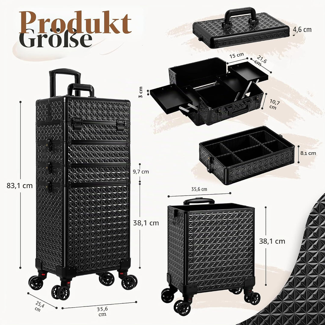 Arous 5-in-1 Profi-Kosmetikkoffer, Aluminium, mit 360° drehbaren Rädern Schwarz, Schwarz