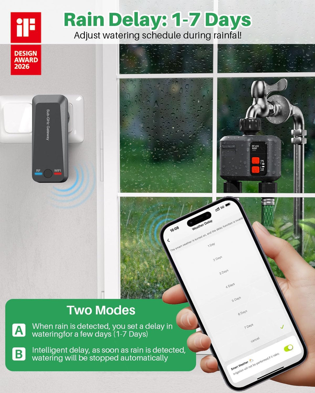 Bewässerungscomputer WLAN 2 Ausgänge mit 300M RF-Technologie, Bewässerungsuhr für Gartenbewässerung