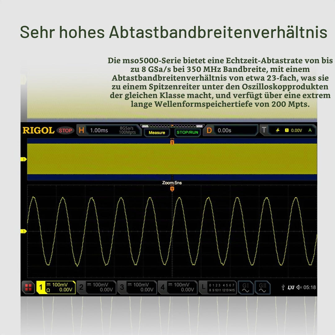 RIGOL MSO5204 Digitaloszilloskop, 4 Kanäle, 200MHz, 8Gsa/s, 100Mpts, 500000wfms/s, MSO5000-BND inklu