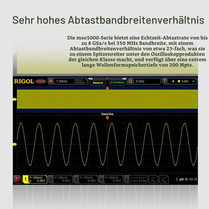 RIGOL MSO5204 Digitaloszilloskop, 4 Kanäle, 200MHz, 8Gsa/s, 100Mpts, 500000wfms/s, MSO5000-BND inklu