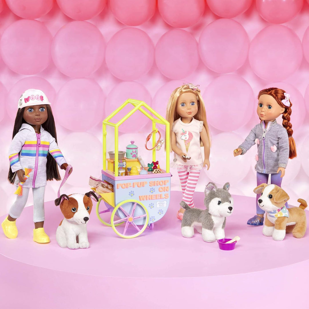 Glitter Girls Verkaufsstand mit Haustierbedarf – Puppenzubehör für 36 cm Puppen mit Hundefutter, Acc