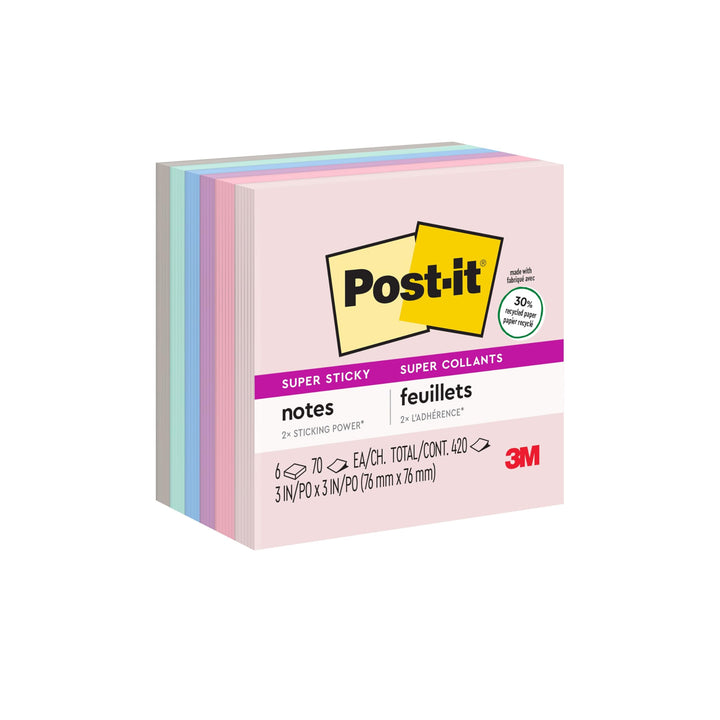 Post-it Super Sticky Recycled Notes, 5 Pastellfarben, Sticks and Resticks, 7,6 x 7,6 cm Wanderlust,