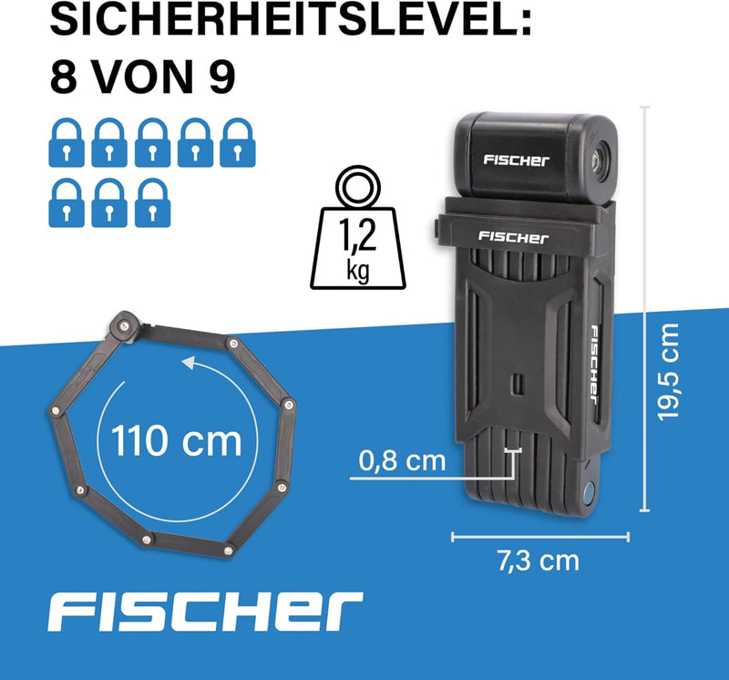 FISCHER Faltschloss inkl Halterung und 2 Sicherheitsschlüssel Schwarz 110cm Single, Schwarz 110cm Si