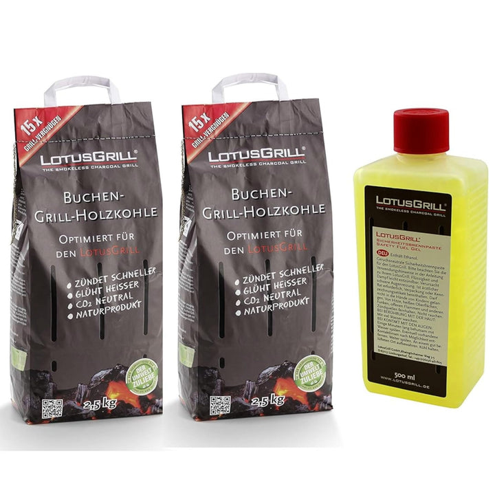 LotusGrill Buchenholzkohle 2X 2,5 kg Sack inkl. LotusGrill Brennpaste 500 ml, beides entwickelt für