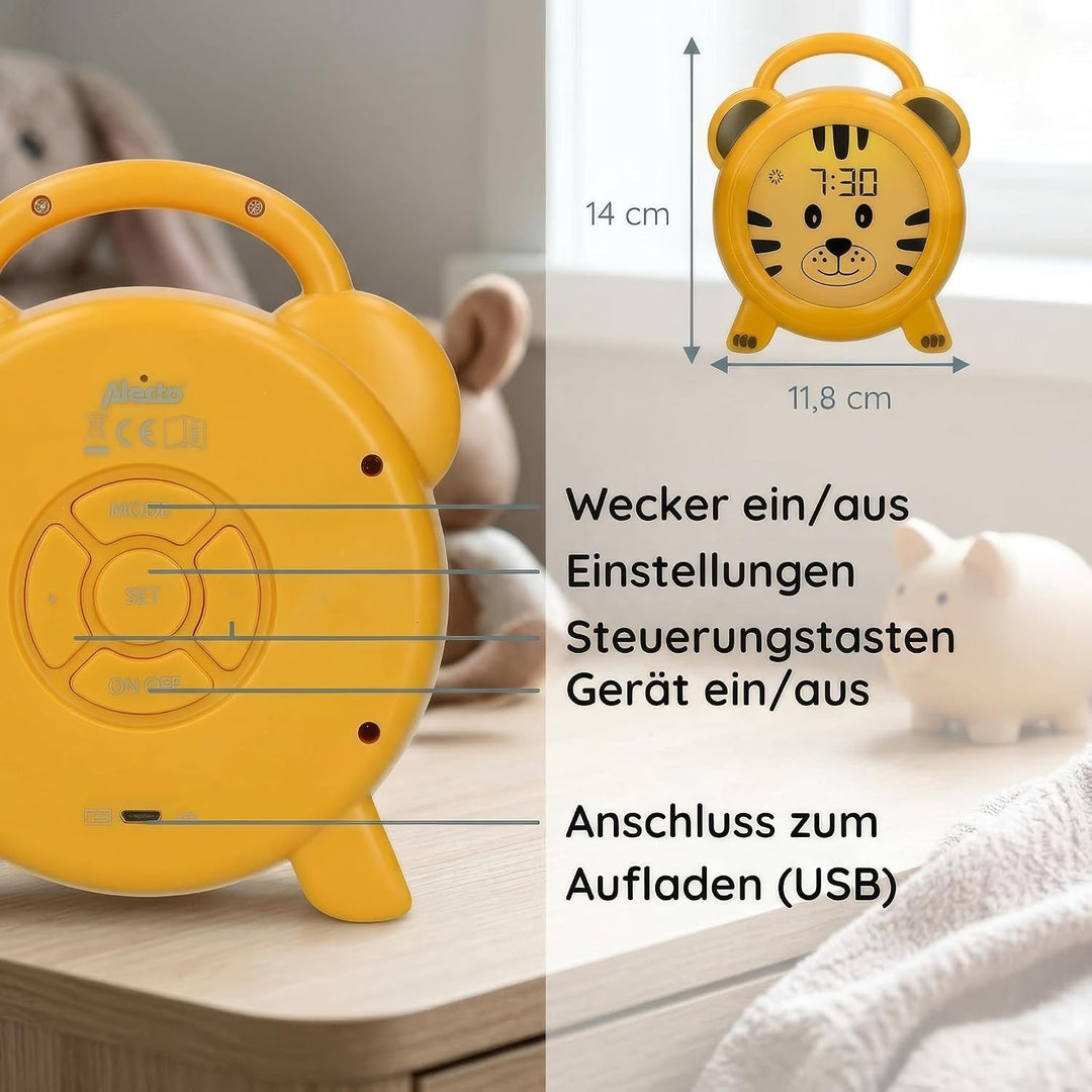 Alecto BC100TIGER - Pädagogischer Wecker Kinder - Schlaftrainer & Nachtlicht Kinder - Lernen von Sch