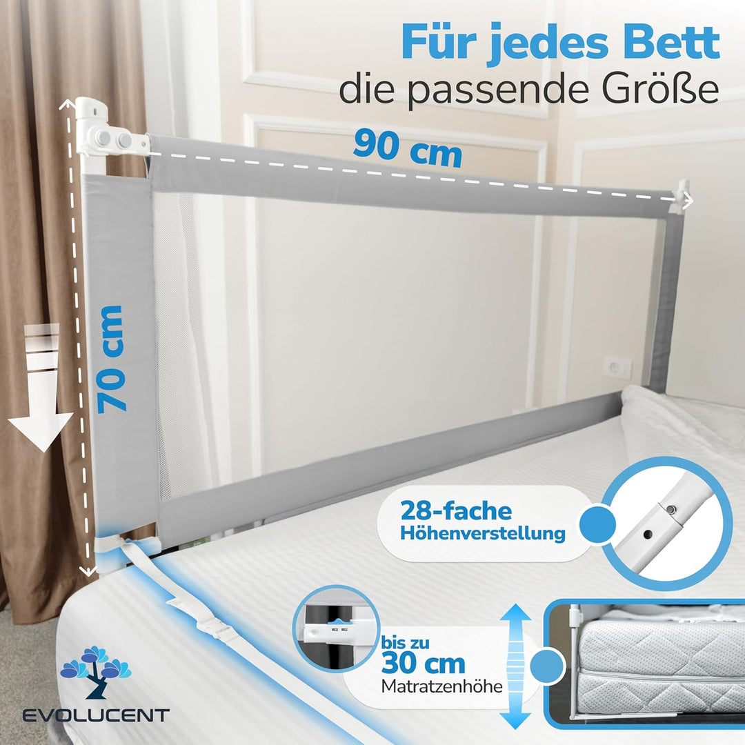 EVOLUCENT Bettgitter 90cm | Stabil ohne Verschrauben | Rausfallschutz für Boxspringbett, Kinderbett