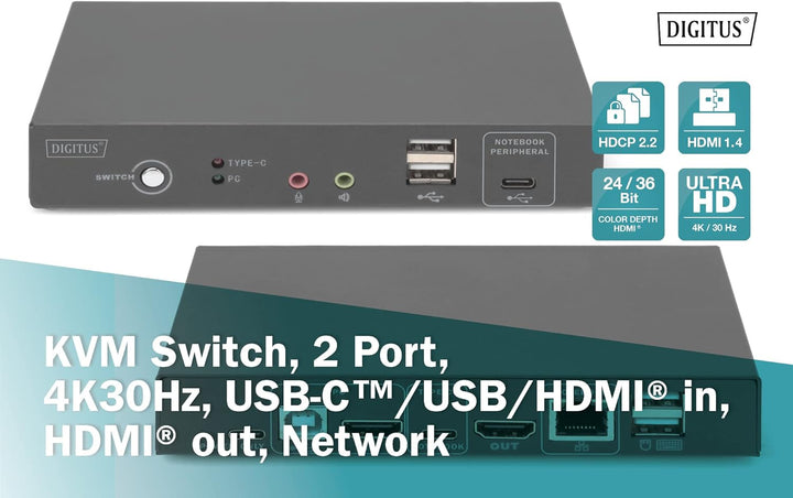 DIGITUS KVM-Switch HDMI – USB-C für Notebook-Anschluss – 2-Port Single-Display – 2 PC 1 Monitor – 1x