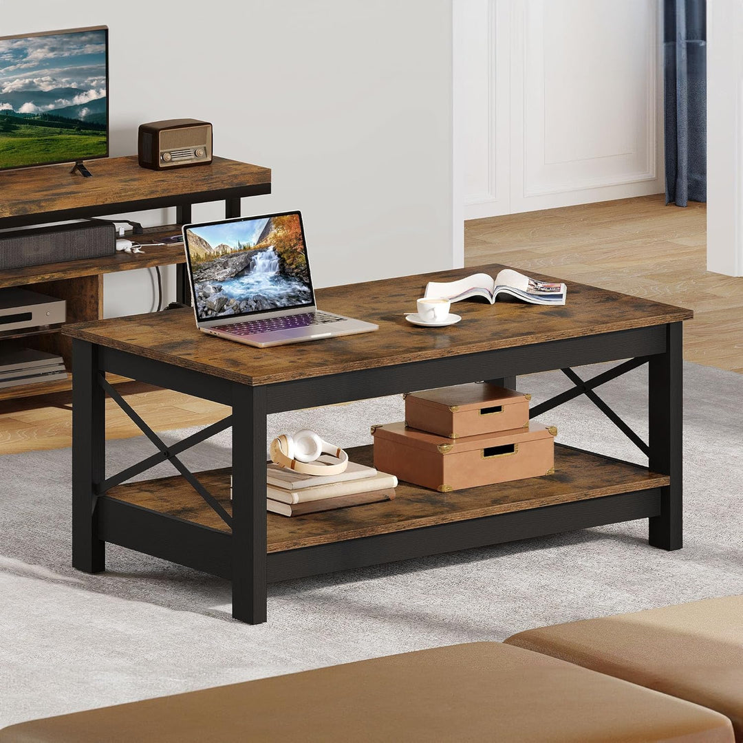 YITAHOME Couchtisch, Wohnzimmertisch, 2-stöckiger Dicker Holz Rechteckiger Couchtisch, X-Form Metal