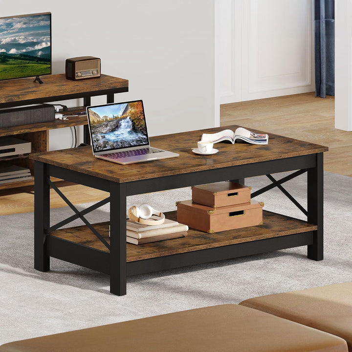 YITAHOME Couchtisch, Wohnzimmertisch, 2-stöckiger Dicker Holz Rechteckiger Couchtisch, X-Form Metal