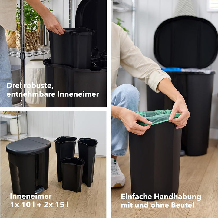 Rotho Trio Mülleimer 1x 10l + 2x 15l zur Mülltrennung mit Deckel, Kunststoff (PP) BPA-frei, schwarz,
