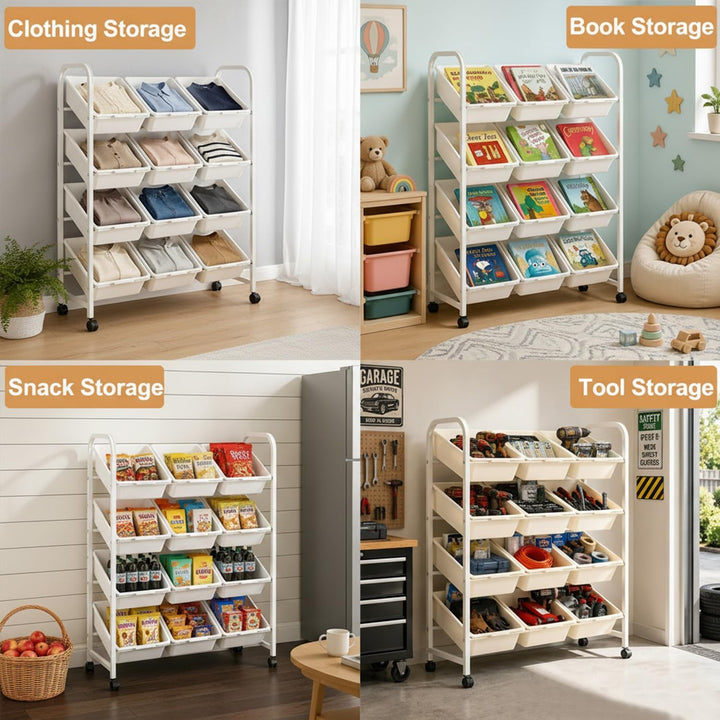 4 Etagen Spielzeugregal mit 12 Boxen,Kinder Organizer Weiss | Mobiler Organizer herausnehmbaren.Idea