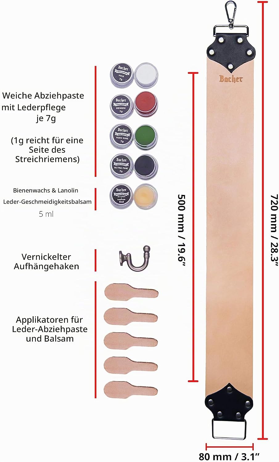 Bacher Premium Leder Streichriemen Breit zum Schärfen von Rasiermesser Set mit Polierpaste für Abzie
