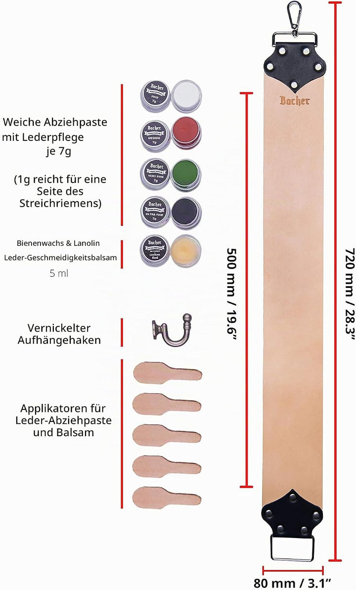 Bacher Premium Leder Streichriemen Breit zum Schärfen von Rasiermesser Set mit Polierpaste für Abzie