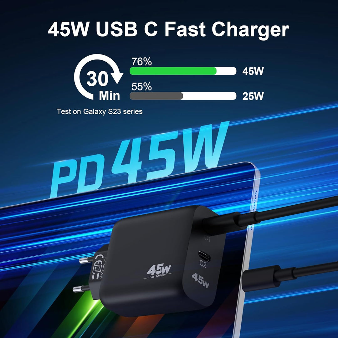 45W 2-Port USB C Ladegerät Mit Schnellladekabel für Samsung Galaxy S26 S25 S24 S23 Ultra Edge FE 5G