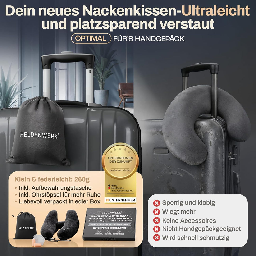 HELDENWERK® Air Nackenkissen Flugzeug Aufblasbar | Reisekissen für 5 Schlafpositionen, schnell aufbl