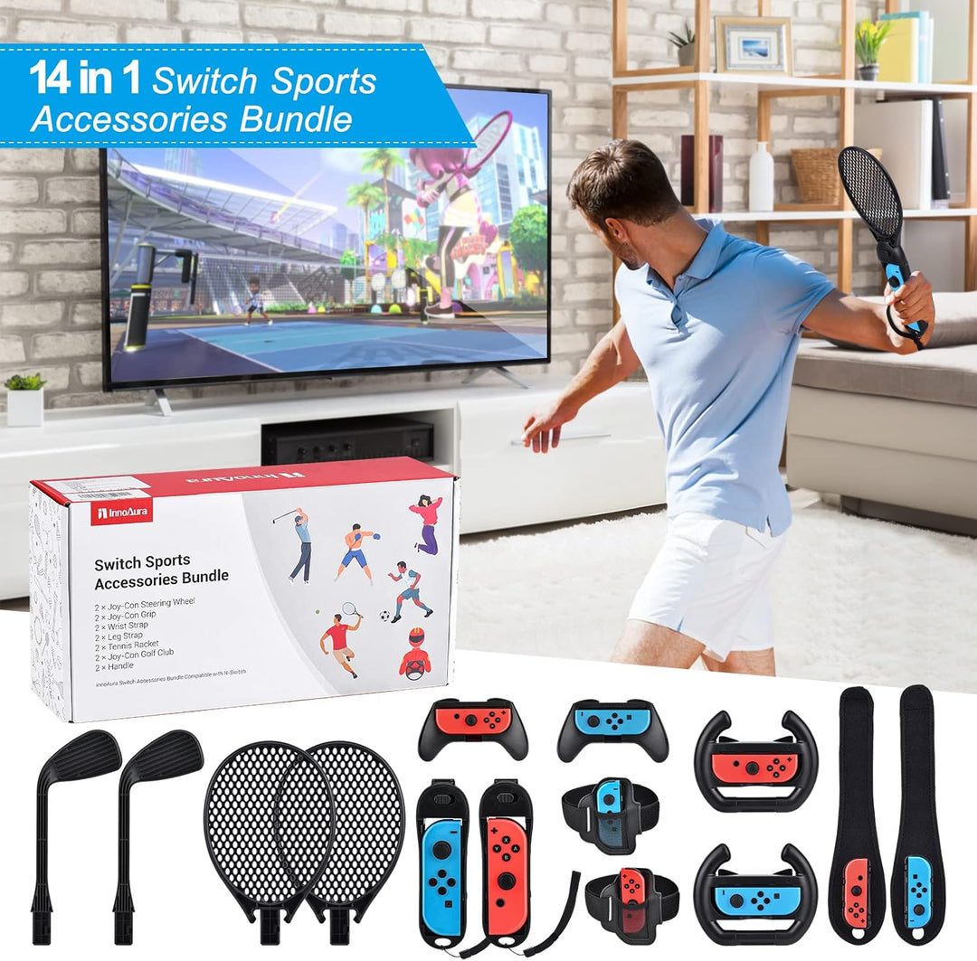 14 in 1 Switch Sport Zubehör Bündel, innoAura NS Bundle Lenkrad, Joycon Griff, Tennisschläger, Glof