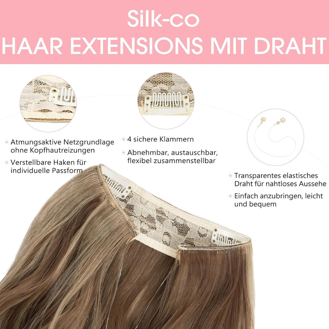 Silk-co Haarverlängerung mit Gummiband 40cm, Lange Gewellte Extensions mit Draht und Clips, Einstell