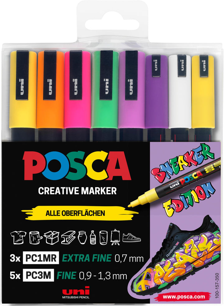 uni-ball 186828 - POSCA Marker Set Sneaker Stifte, 8er Etui, deckend auf dunklen Oberflächen | Marke