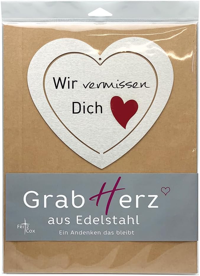Grabherz aus Edelstahl | wetterfest | mit Spruch "Wir vermissen Dich"| ca. 17x15cm