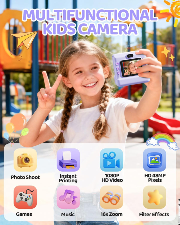 Kinderkamera Sofortbildkamera, 1080P HD Sofortbildkamera Kinder mit 32 GB Karte und 3 Papierrollen,