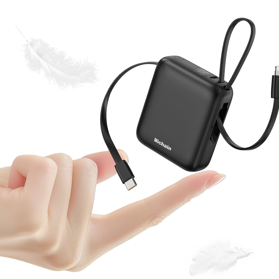 Hichain Power Bank Klein, 10000mAh 22,5W Powerbank USB C Schnellladen mit Integriertem USB-C Kabel,