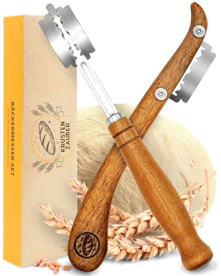KRUSTENZAUBER Bäckermesser 2er Set [inkl. 20 Rasierklingen] - Teigmesser Set für gerade und geschwun