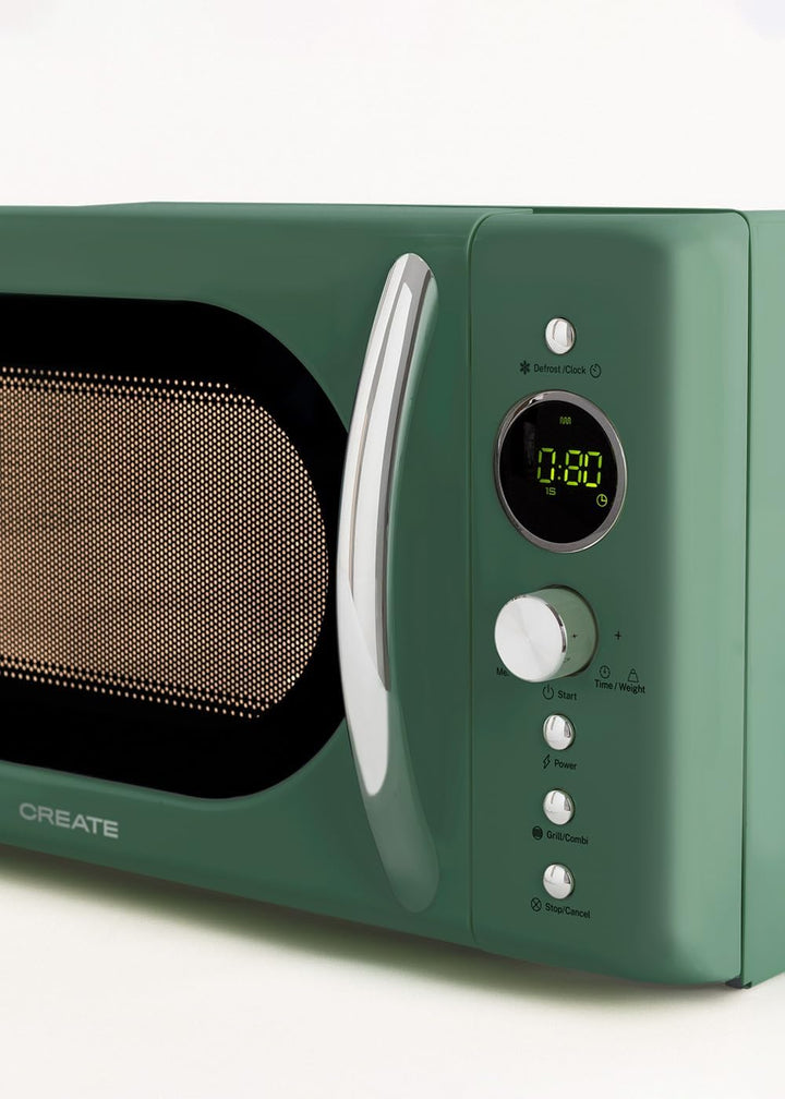 CREATE/MICROWAVE RETRO/Digitale Mikrowelle mit Grillfunktion Salbeigrün/Retro-Stil, 20L Fassungsverm