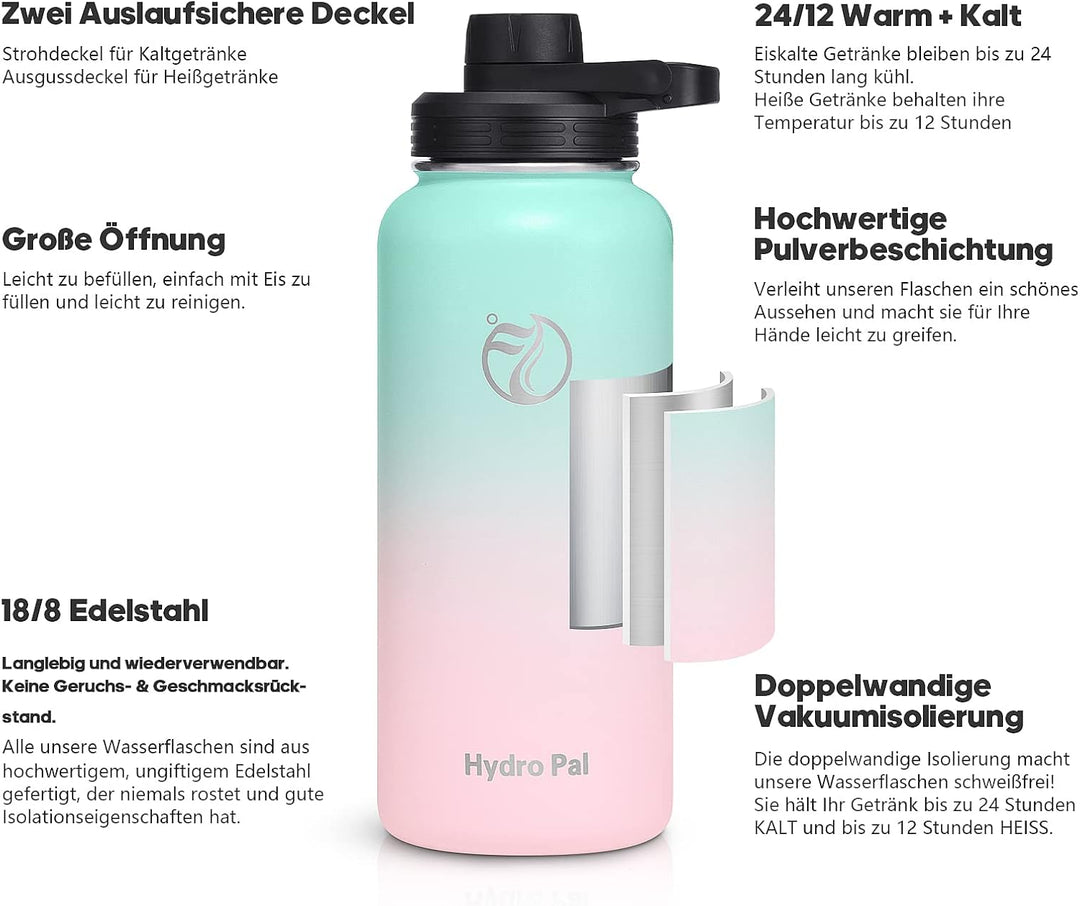 HydroPal Edelstahl Trinkflasche - 650ml, 950ml, 1.2L, BPA-Frei, Kohlensäure geeignet, Isolierte Ther