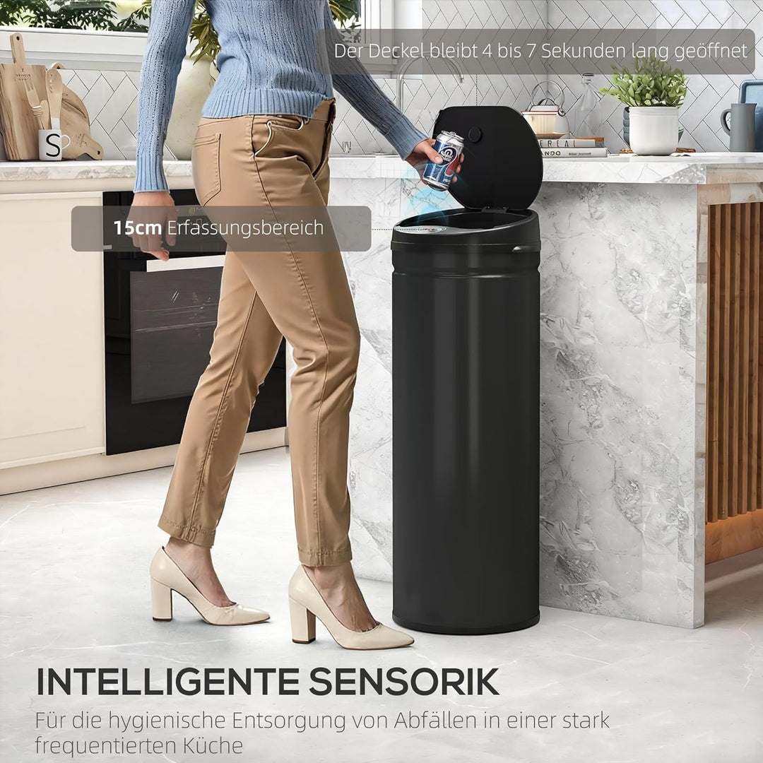 HOMCOM Mülleimer mit Sensor 50L Edelstahl Automatischer Leiser Mülleimer mit Soft-Close-Deckel, Bewe