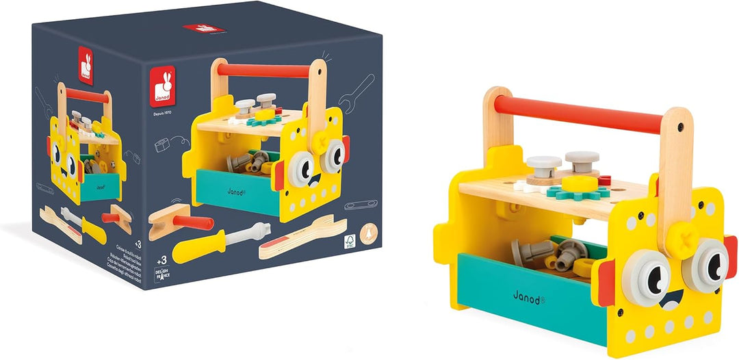 Janod - Mein erstes Konstruktionsspiel - Roboter-Werkzeugkasten - 30 Zubehörteile - Rollenspiel - Fö