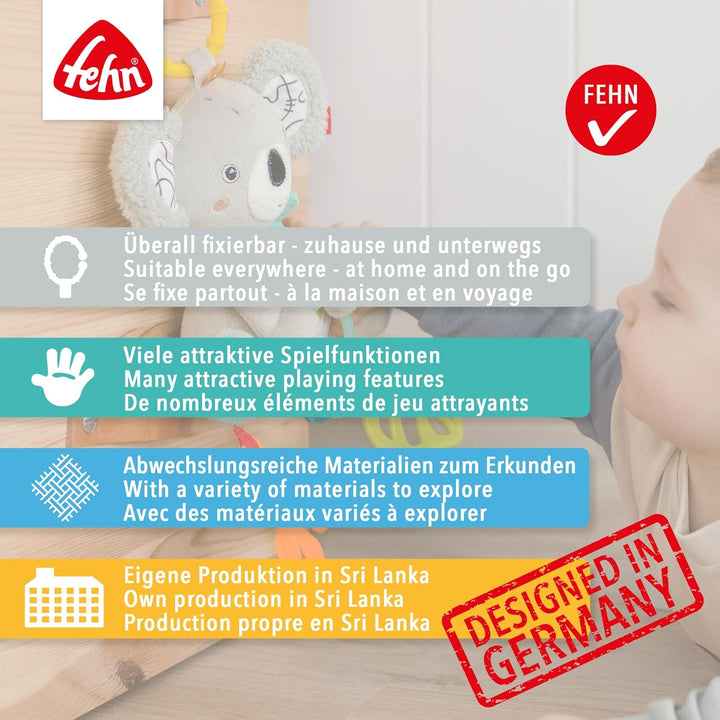 Fehn Activity Spielzeug Dino - Motorikspielzeug mit Befestigungsring - Baby Spieltier mit Greif Elem