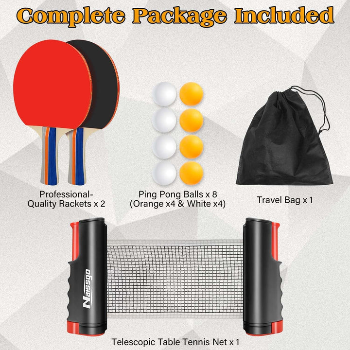 Tischtennis-Set,Tischtennisschläger Profi, 2 Tischtennisschläger, 1 Einziehbarem Netz,8Tischtennis-B