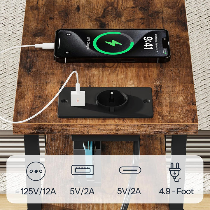 HOOBRO Nachttisch mit Ladestation, 1 Standardsteckdose, 2 USB-Anschlüsse, schmaler Beistelltisch, 3