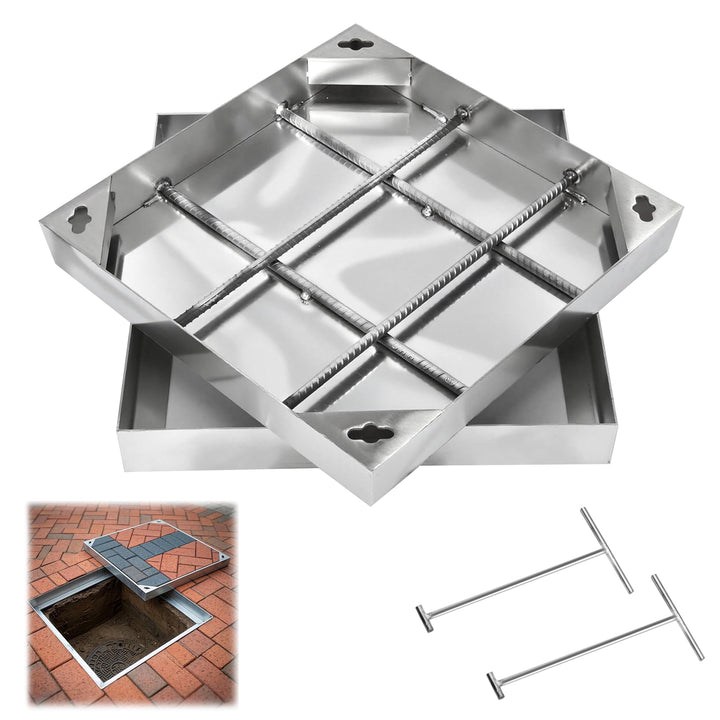 Schachtabdeckung 300 x 300mm mit Rahmen Versenkte 201 Edelstahl Schachtdeckel mit 2 Handgriffe Unsic