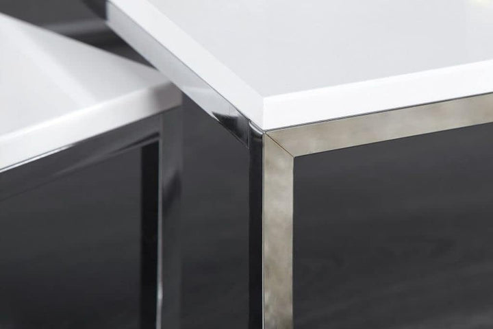 LEBENSwohnART 2er Set Design Couchtisch MENTO Weiss Hochglanz Chromgestell 75/65cm