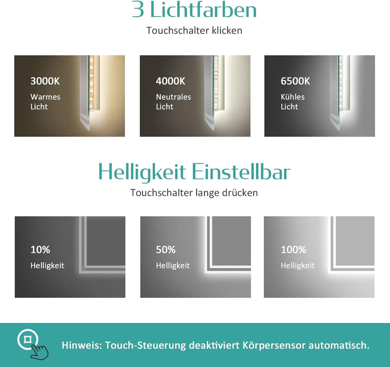 EMKE LED Badspiegel mit Bewegungssensor 70x50cm Sensor Spiegel mit Beleuchtung mit Beschlagfrei, 3 L