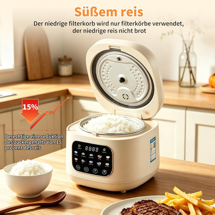 Reis Kocher Low Sugar, 3L Rice Cooker Small mit Low Carb Funktion and Dampfgarer 10 in 1 Reiskocher