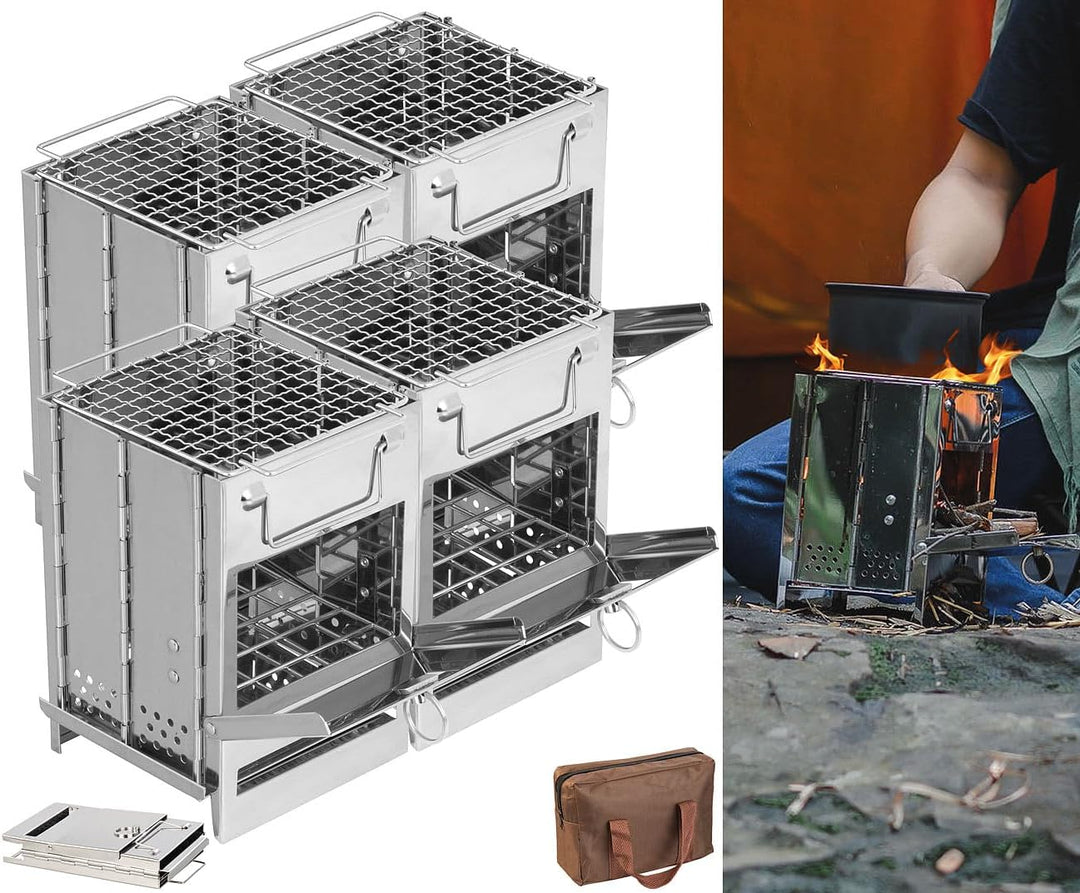 PEARL Campingkocher: 4er-Set Camping-Holzöfen aus Edelstahl, faltbar, inkl. Transporttasche (Camping