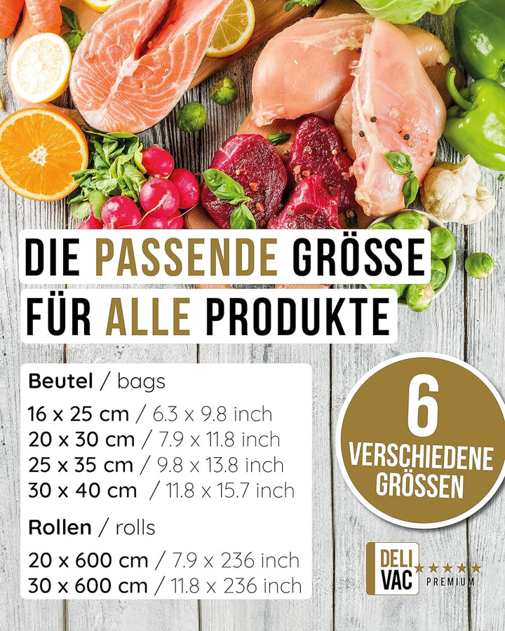 DeliVac Vakuumierbeutel - 100 Stück, 30x40cm, für alle Vakuumierer | geprägte Vakuumbeutel für Leben