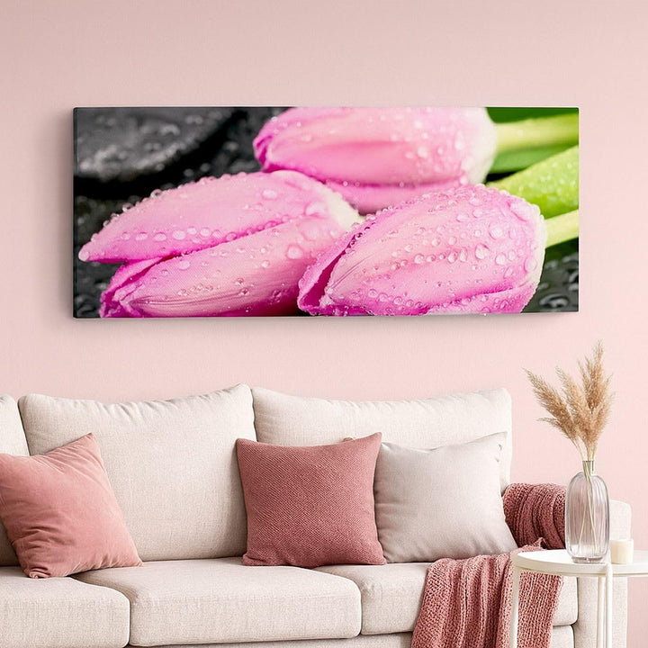 Wandbilder Dekoration Wohnzimmer Tulpen Tau Steine Pflanze Panorama Bilder auf Leinwand 120x50cm Lei