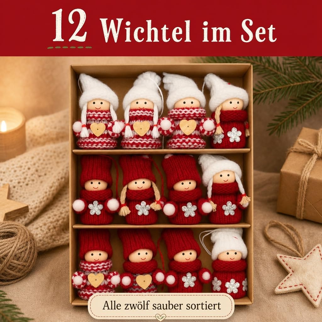 MIJOMA 12er Set Weihnachtswichtel – Handgemachter Baumschmuck aus Holz &amp; Stoff – Deko-Wichtel für Ta