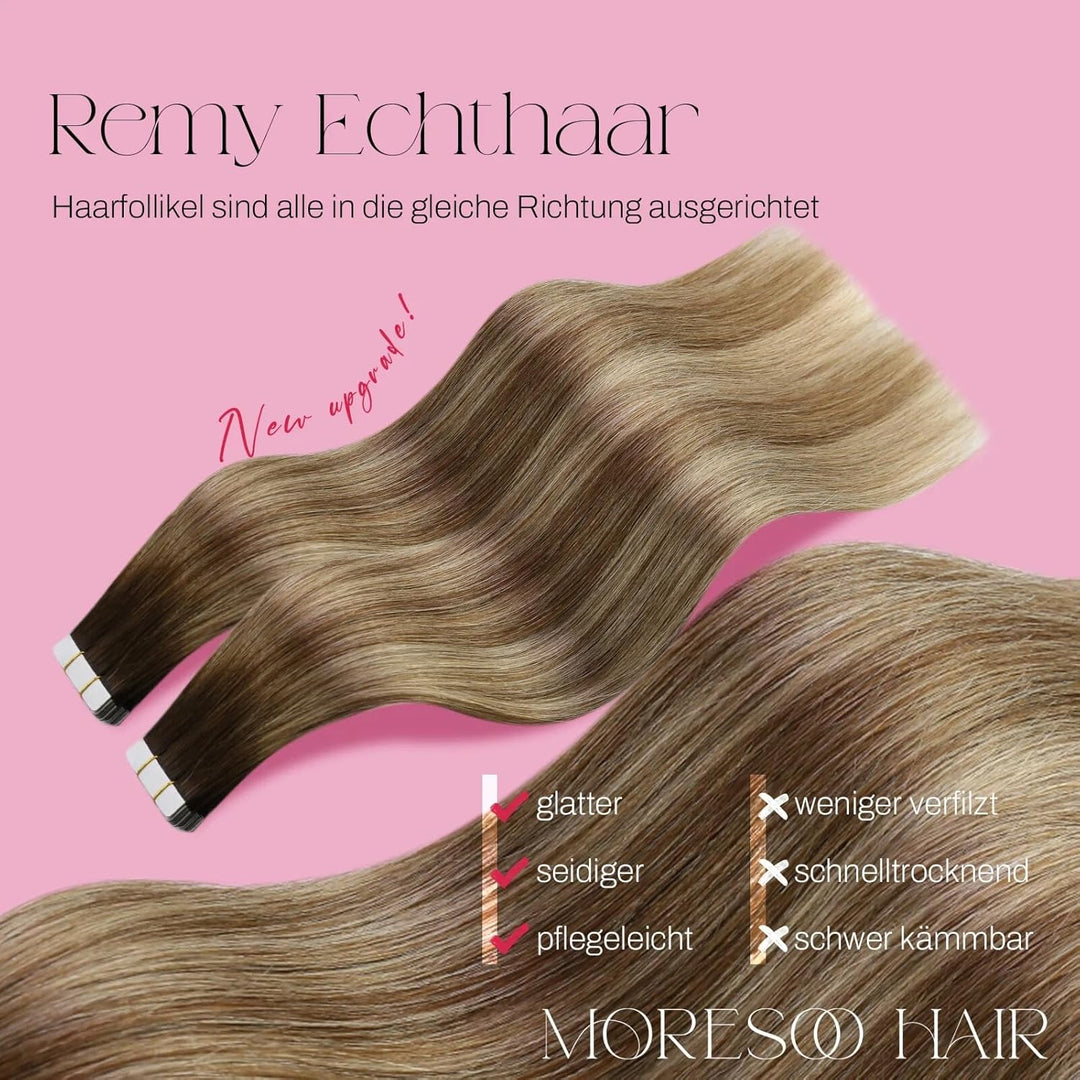 Moresoo Tape in Extensions Echthaar Blonde Haarextension Echthaar Tape Dunkelbraun bis Hellbraun mit