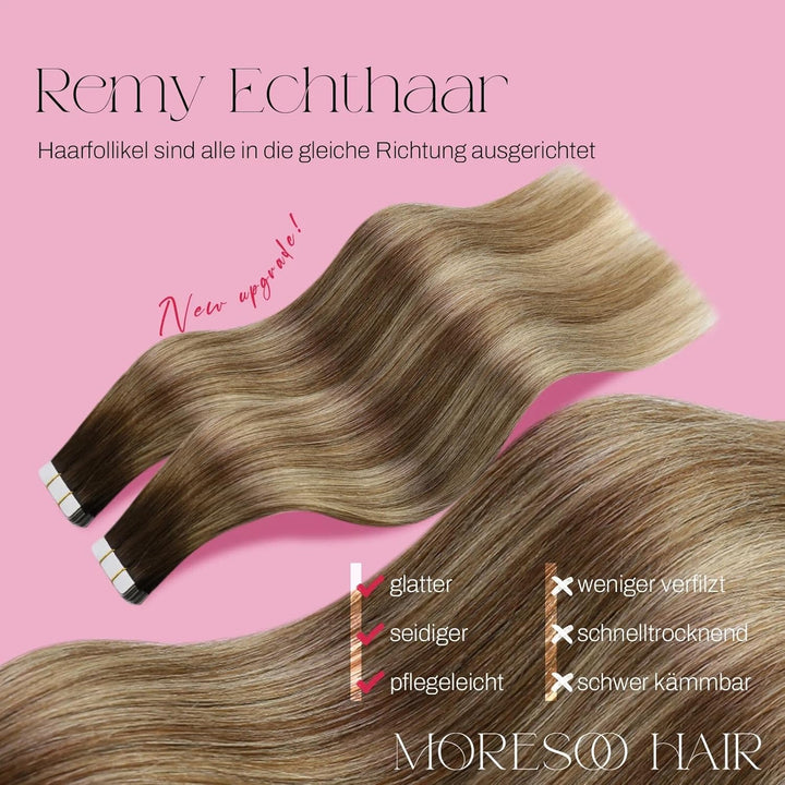 Moresoo Tape in Extensions Echthaar Blonde Haarextension Echthaar Tape Dunkelbraun bis Hellbraun mit