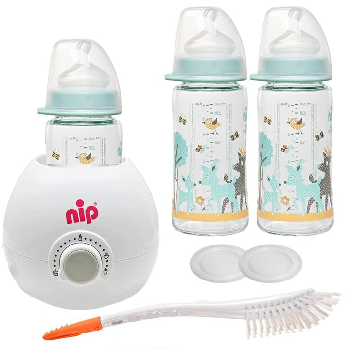 NIP Starter Set ab Geburt Glas Babyflaschen Flaschenwärmer Bürste