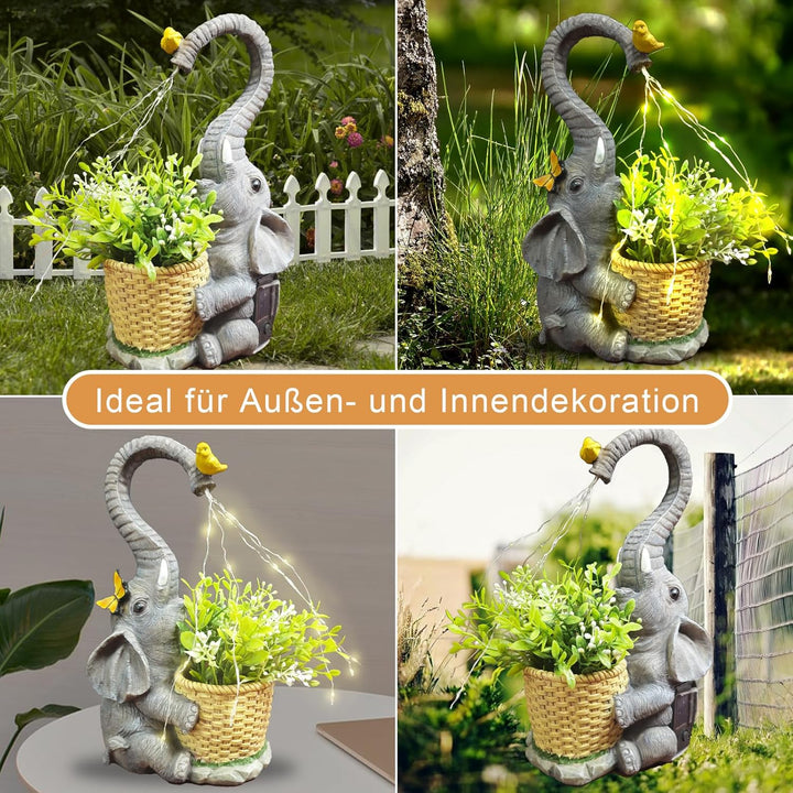 Garten Outdoor Elefanten Statue Deko - Elefant mit Gefälschter Pflanze Gartenfiguren Solar Lichter B